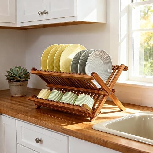 Utoplike Teak Dish Drainer Rack Collapsible 2 Tier Dish Rack Dish Drying Rack Foldable Plate Organizer Holder for Kitchen Compact Countertop thumbnail 5