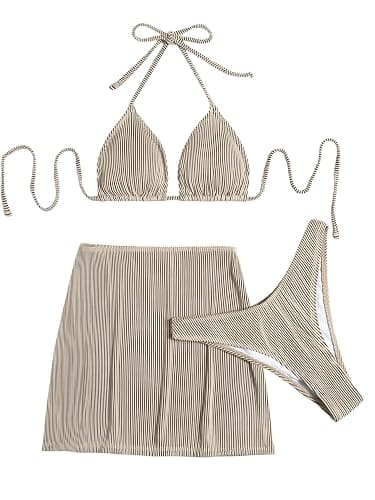 SweatyRocks Women's 3 Piece Zebra Striped Bikini Swimsuit Set & Beach Skirt Set Bathing Suit - X-Small - Khaki thumbnail 6