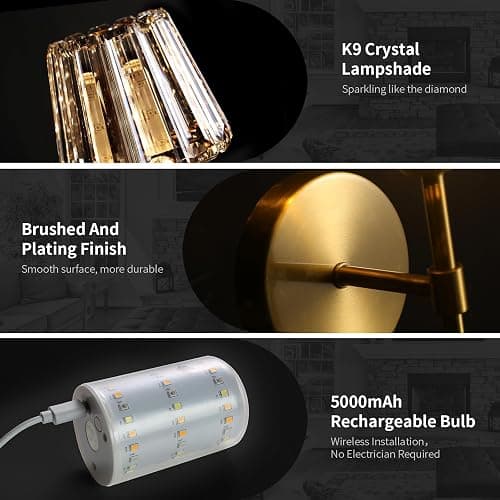 Battery Operated Crystal Wall Sconce Set of 2, Gold Rechargeable Wireless Wall Sconces with Remote Dimmable 12 Colors Modes Led Wall Lights, Wall Lamp for Bedroom Living Room Hallway, 2 Bulbs Included thumbnail 3