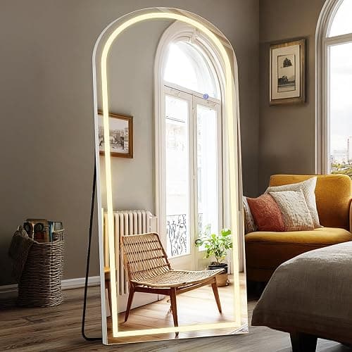 DUMOS Arched Full Length Mirror with Light- 26"×70" LED Floor Standing Mirror with 3 Color Lights & Wall Mounted for Bedroom, Dressing Room, Living Room, Bathroom - Image 1