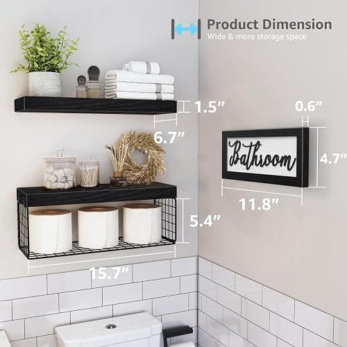 QEEIG ‎Bathroom Shelves Over Toilet - Paper Storage Wall Mounted Farmhouse Decor Decorations Aesthetic Décor Sign Small Floating Shelf 2+1 Set 16 inch, Black (020B) - C. Black thumbnail 3