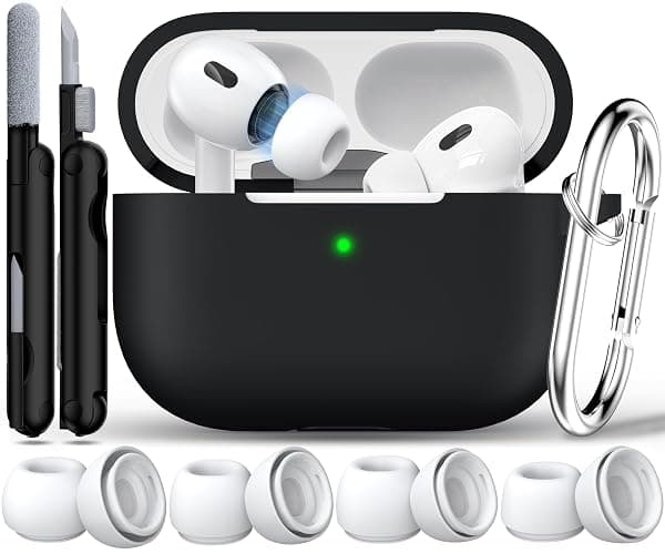 RFUNGUANGO Custodia compatibile con AirPods Pro di seconda generazione (2023/2022/2019), Custodia protettiva in morbido silicone per AirPods Pro con kit di pulizia e gommini auricolari, Nero - Image 1