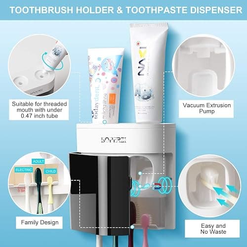Boperzi Dustproof Cover Toothbrush Holder Wall Mounted Automatic Dispenser for Shower Bathroom Set with 2 Toothpaste Squeezers(No Electric, No Light) thumbnail 4