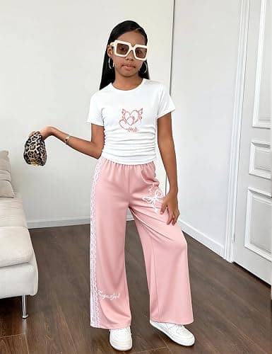 EuquixZeph Girls 2 Piece Outfits Kids Short Sleeve Ruched Crop T-Shirt Top Cargo Pants Sweatsuit Tracksuit Jogger Sets 5-12Y thumbnail 5