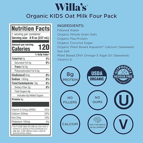 Willa's Organic Kid's Oat Milk with 8g Protein & 240g Calcium 8.25 oz - Plant-Based Milk for Kids, Dairy-Free, Bobby Approved, 2g Fiber – 16 Pack thumbnail 2