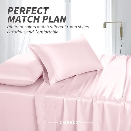 Cobedzy 4 Pcs Blush Pink Satin Sheets Full Size Silky Satin Bedding Sheets Set with 1 Deep Pocket Fitted Sheet, 1 Flat Sheet, 2 Pillowcase thumbnail 6