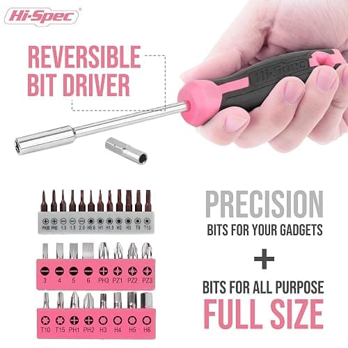 Hi-Spec 42pc Small Tool Box Set for Women. Home, Office and College Dorm Household DIY Screwdriver Toolkit of Starter Basic Ladies Pink Tools - Pink thumbnail 3