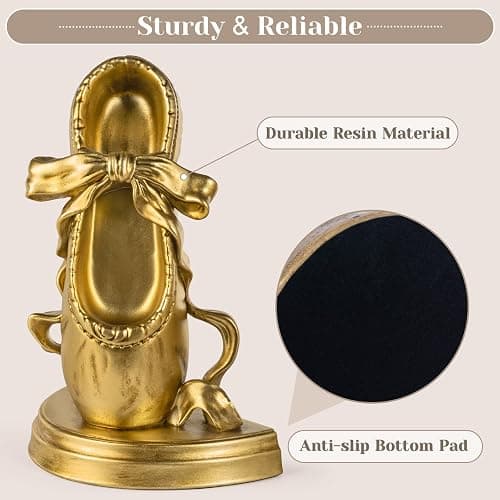 MXARLTR Bookends for Shelves, Ballet Slipper Decorative Bookends - Book Ends with Anti-Slip Pad for Book Lovers Dancers Heavy Book Holder for Home Office Decor (Gold) thumbnail 4