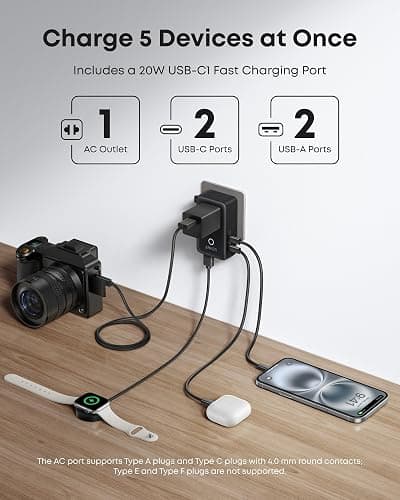 Anker Nano Travel Adapter, 5-Port Power Adapter with 1× 2-Pin AC, 2 USB A, 2 USB C for 20W, Smart Temperature Control, Works in 200+ Countries, Not a Voltage Converter, Travel Essentials (1-Pack) thumbnail 3