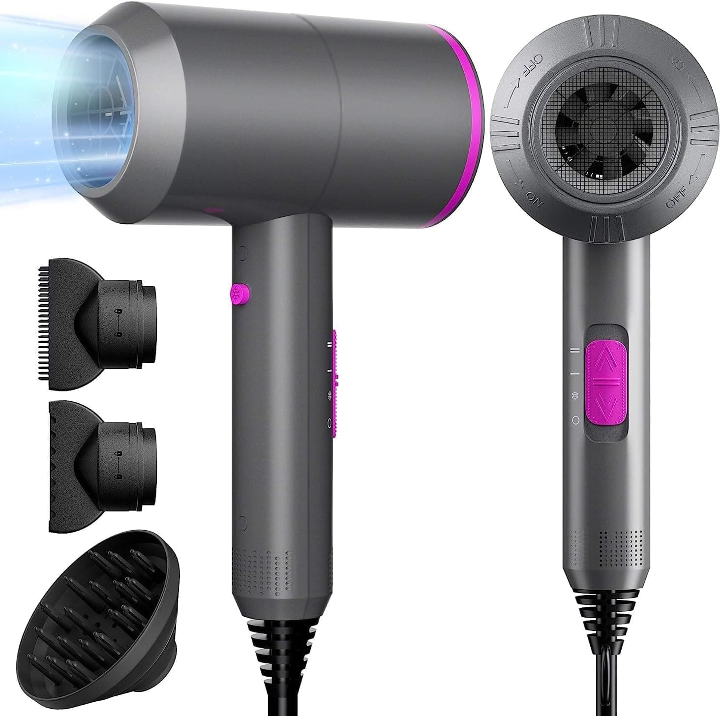 NEWSEE 2200W Professional Hair Dryer Powerful AC Motor Quick Drying Ionic Dryer with 2 Speed 3 Heat Setting, Cool Shot Button with 1 Diffuser & 2 Concentrator for Multi Women Man Hairstyles (AU Plug) (Dark Grey) - Image 1