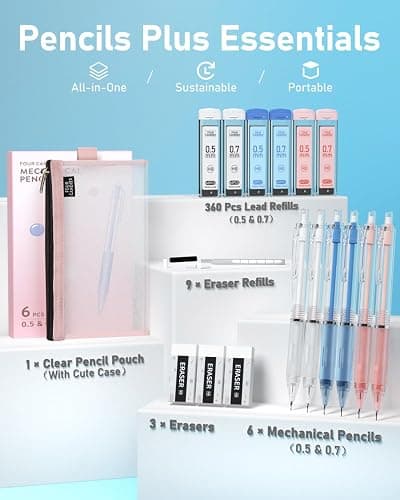 Four Candies Mechanical Pencil Set with Case, 6PCS Aesthetic Mechanical Pencils 0.5 & 0.7mm with 360PCS HB Lead Refills, 3PCS Erasers, 9PCS Eraser Refills for writing, drawing and sketching - 0.5mm + 0.7mm thumbnail 6