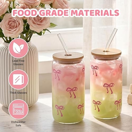 GLECTG 2 Pcs Cute Pink Bow Glass Cups with Lids & Straws, Aesthetic Iced Coffee Cup, Girly Preppy Design Tumbler Mug, Birthday Valentine Gifts for Women, Teen Girl Gifts Trendy Stuff 16OZ thumbnail 4