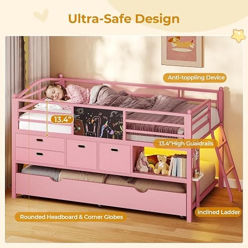 ADORNEVE Low Loft Bed Twin Size with Trundle & LED Lights, Kids Loft Bed with 4 Storage Drawers & Open Cubbies & DIY Pegboard, Twin Loft Bed with Safety Guardrail,Under-Bed Play Zone, Pink thumbnail 5