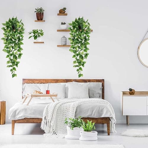 BLEUM CADE Fake Hanging Plants, 2pcs Artificial Hanging Plant, Faux Pothos Vines Hanging Plant Greenery for Wall Home Living Room Indoor Outdoor Decor (No Baskets) - Pothos Ivy Vines - 2pcs thumbnail 2