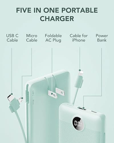 VRURC Portable Charger Built-in Cables and AC Wall Plug, USB C Power Bank 10000mAh, Travel Battery Portable Phone Charger Compact Lightweight External Battery Pack for Smart Phones, Tablets etc-Green thumbnail 3