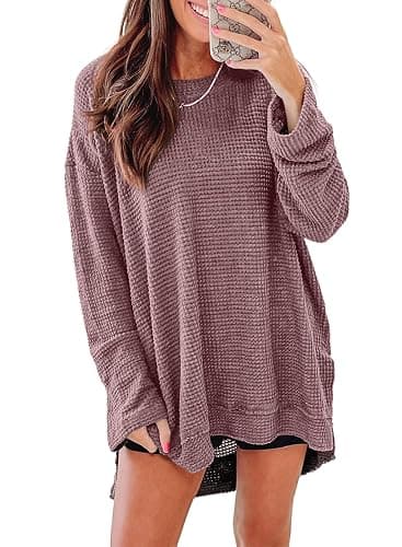 SHEWIN Long Sleeve Shirts For Women Oversized Sweatshirt Crewneck Waffle Knit Fall Tops for Women 2025 - Image 1