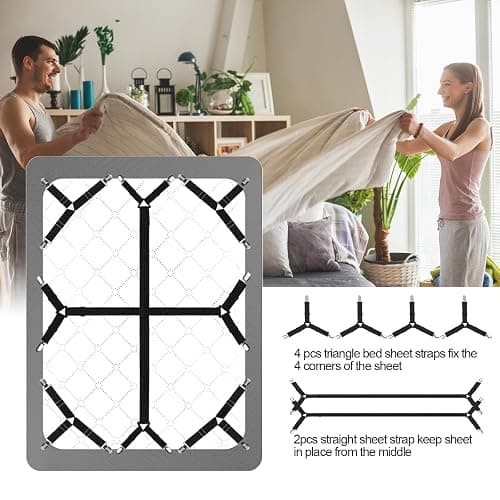 Luyena Bed Sheet Straps, 6 Pack, Adjustable Elastic Fitted Sheet Holders | Secure Fitted Sheet Straps for Twin to King Size Beds, Non-Slip Bed Sheet Clips, Keep in Place, Easy to Install, Black thumbnail 6