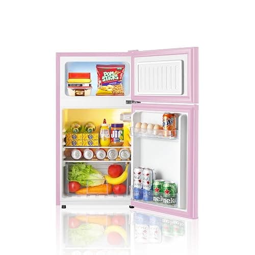 Saeoola Mini Fridge with Freezer, 3.2 Cu.Ft, 2 Doors Compact Mini Refrigerator with Separate Freezer for Dorm, Bedroom, Office, Apartment with 7-Level Temperature Control, Removable Shelves (Pink) thumbnail 4