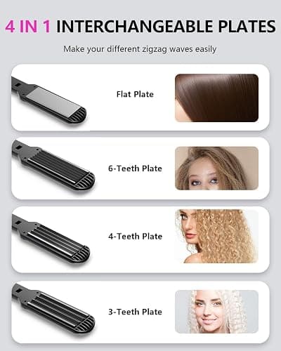 Hair Crimper Waver, Professional Hair Straightener Beach Waves Curling with 4 Interchangeable Ceramic Plates | Auto Temp Control for All Hair Types | Quick Heat Wide Plate Styling Tool & Straightener thumbnail 6