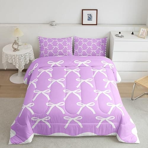 Erosebridal Purple Princess Bedding Set White Ribbon Bows Queen Comforter Set Purple White Coquette Bowknot Bedding Comforter Sets Elegant Aesthetic Bow Tie Quilt Duvet thumbnail 3