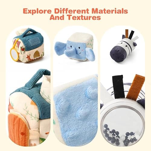 Youuys Travel Sensory Toys for Babies 6-12 Months & Toddlers 1-3 Year Old On-The-Go Montessori Soft Stuffed Animal Set with Crinkle, Rattle, Safe Mirror Educational for Kids Boy Girl thumbnail 8