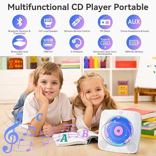 CD Player Portable Bluetooth Rechargeable: CD Players for Home with 1800mAh Kegaudio Desktop Wall CD Player with Speakers FM Radio USB Remote Control thumbnail 2