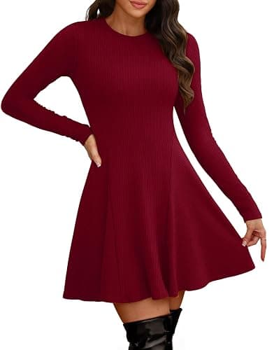 OFEEFAN Sweater Dress for Women Fall 2025 Long Sleeve Crew Neck Ribbed Knit Fit and Flare A-Line Dresses thumbnail 4
