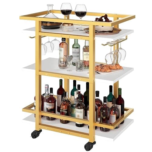 YATINEY 3 Tier Bar Cart, Home Bar Serving Cart with Wheels, Drink Cart with Glass Holder, Beverage Cart, Mobile Kitchen Cart, for Home, Garden, Party, Gold BC19DW thumbnail 7