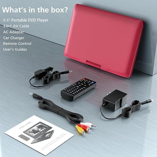 11.5" Portable DVD Player for Kids and Car, 9.5" Swivel HD Screen with 4-6 Hours Built-in Battery, Support Sync Screen to TV, Support SD Card/USB/Multiple Disc Formats (Red) thumbnail 7