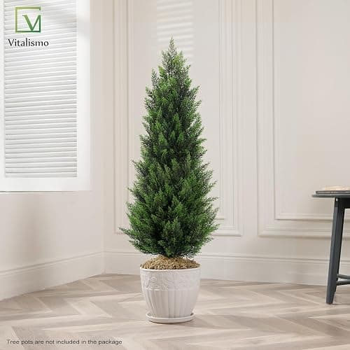 Artificial Topiary Cedar Trees 4FT Tall 2 Set, Outdoor Indoor Faux Pine Shrubs Plants, Realistic Fake Plants Front Porch Decor, Artificial Bushes Cypress for Home Front Door Offices thumbnail 7