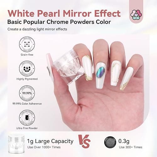 SAVILAND White Pearl Chrome Nail Powder: 1g Metallic Mirror Effect Unicorn Chrome Powder Iridescent Pearlescent Aurora Mermaid Pigment Glitter Dust Kit for DIY Nail Art Decoration Home & Salon Use thumbnail 2