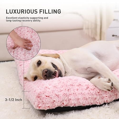 KSIIA Washable Dog Bed Deluxe Plush Dog Crate Beds Comfy Kennel Pad Anti-Slip Pet Sleeping Mat for Large, Jumbo, Medium, Small Dogs Breeds, 35" x 23", Pink thumbnail 3