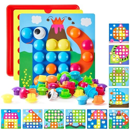 Geekper 68PCS Button Art Toys for Toddlers Color Matching Mosaic Pegboard, Early Learning Educational Toys for 3, 4, 5, 6 Year Old Kids Boys and Girls Easter Gifts, 10 Pictures and 58 Buttons - Image 1