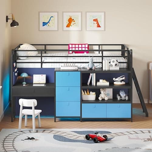 Twin Low Loft Bed for Kids with Built-in Desk, 6 Storage Drawers, Open Bookshelf, Under-Bed Play Tent with LED Lights, Metal Twin Size Loft Beds with Safety Guardrail & Inclined Ladder, Blue and Black thumbnail 9