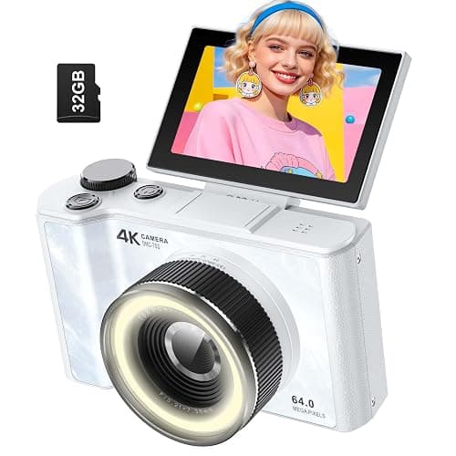 W & O 4K Digital Camera for Photography,Flip Screen Digital Camera for Kids | 64MP Vlogging Camera for YouTube with SD Card,16X Zoom Autofocus,Point and Shoot digital cameras for Teens Beginner,White - Image 1