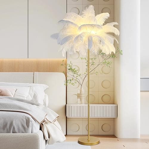 rzoizwko Feather Floor Lamp for Living Room,Standing Lamps Ostrich Feather for Bedroom,White Modern Office Lamps with LED Bulb 3 Color,160cm Tall Floor Light Dimmable with Foot Switch (White) thumbnail 2