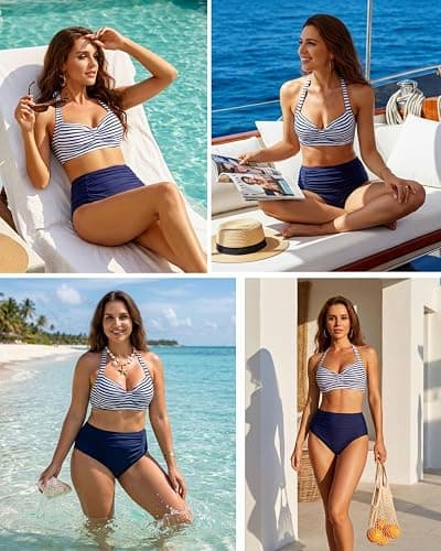 Holipick Women High Waisted Bikini Set Two Piece Swimsuit Tummy Control Bathing Suit Vintage Halter Swimwear thumbnail 5