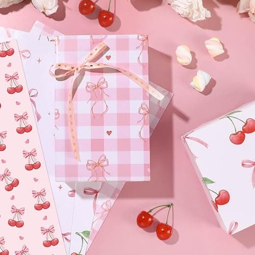 Pineraap 12 Sheets Pink Bow Cherry Wrapping Paper, Bowknot Printed Gift Wrap Paper Decorative Craft Paper for Girls Women Birthday Wedding Baby Shower Coquette Party, 19.7 x 27.6 Inch thumbnail 3