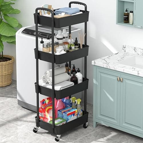 Sywhitta 4-Tier Plastic Rolling Utility Cart with Handle, Multi-Functional Storage Trolley for Office, Living Room, Kitchen, Movable Storage Organizer with Wheels, Black thumbnail 5