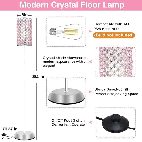 GyroVu Crystal Floor Lamp for Bedroom, Living Room Pink Floor Lamps Modern Tall Lamp with On/Off Foot Switch Glam Standing Light for Girls Bedroom Minimalism Pole Corner Lamp for Office Dorm Hotel thumbnail 2