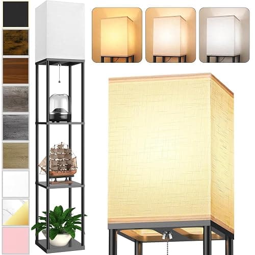 Floor Lamp with Shelves for Living Room, Shelf Floor Lamp with 3 CCT LED Bulb, Corner Display Standing Column Lamp Etagere Organizer Tower Nightstand with White Linen Shade for Bedroom, Office - Image 1