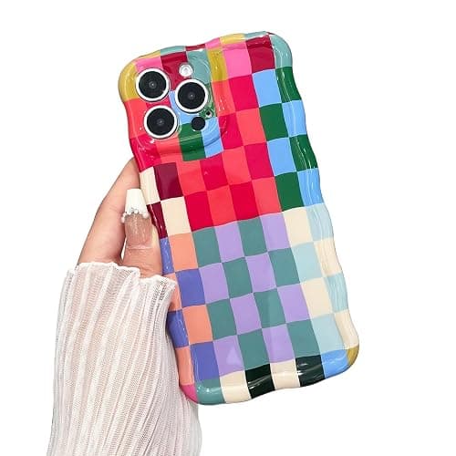 branple Compatible with iPhone 14 Case, Cute Wave Curly Colorful Checkerboard Plaid Phone Case for Women/Men, Soft TPU Shockproof Protection Case Designed for iPhone 14 (Colorful 1) - Image 1