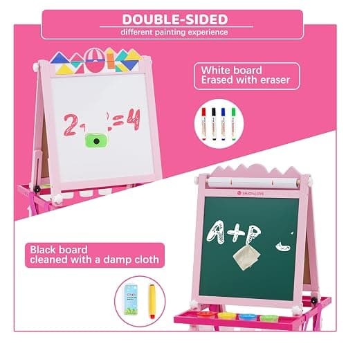 Kids Art Easel,Double-Sided Wooden Easel for Kids with Paper Roll,Height Adjustable Standing Easel with Puzzle Tangram Toys,Storage Box and Other Accessories,Easel for Toddlers 3-10 Years thumbnail 3