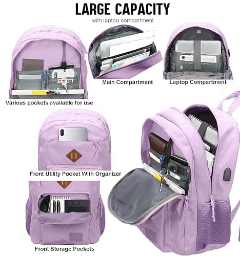KEOFID Classic Travel backpack for Men and Women, Anti Theft Laptop Backpack with USB Charging Port for Work, Large Bag for College, Water Resistent(Purple) thumbnail 7