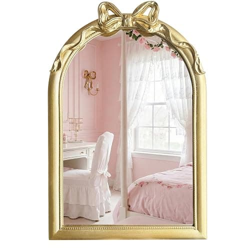 iyabat 36x24 Arched Gold Bow Wall Mirror, Vintage Vanity Mirror for Bathroom & Bedroom Decor, Antique French Style Engineered Wood Frame with Ribbon Knot, Cute Coquette Aesthetic - Image 1