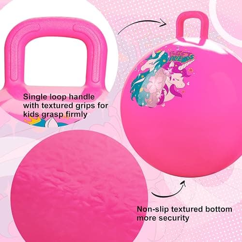 ZOOJOY Hopper Ball, Pink Bouncy Balls for Kids, 18 Inch Sit on Jumping Toys with Handle for Girls Gift Aged 3-8, Inflatable Unicorn Bounce Hopper Balls Toy with Pump thumbnail 5
