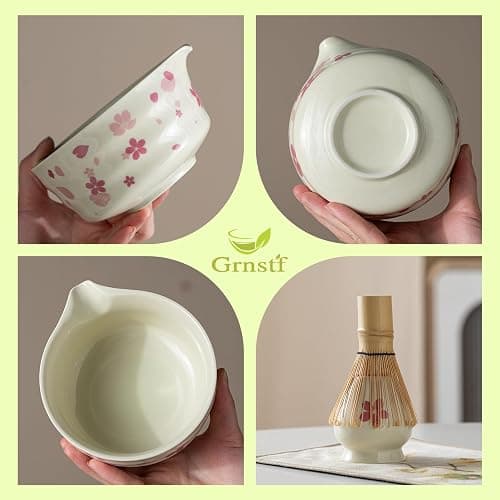 Grnstf Matcha Set 8-Piece Japanese Tea Ceremony Kit with Ceramic Bowl, Bamboo Whisk & Holder, 2 Scoops, Strainer, Tea Cloth - Complete Gift Set for Traditional Brewing(Gradient flower) thumbnail 3