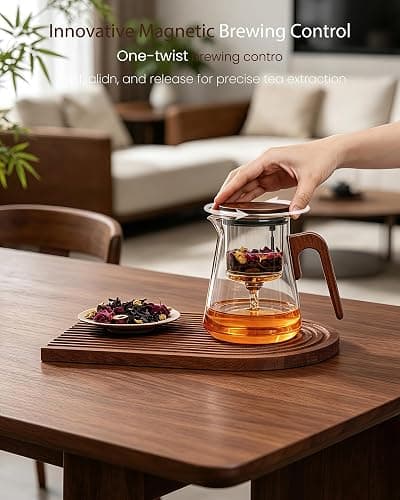 ZENS Magnetic Tea Pot, Enchanted Glass Teapot with Infuser and Magnetic Suction Lid for Mess-Free Loose Tea Diffusers, Walnut Wood Handle, Tea Lovers Gifts thumbnail 3