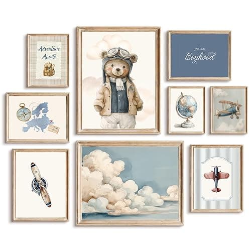 Teddy Bear Nursery Wall Art Decor Baby Boys Room Canvas Poster Vintage Nursery Wall Decor Navy Blue Kids Room Prints Airplane Pictures Travel Bear Painting Artwork for Bedroom 12x16x9 Inch Unframed - Image 1