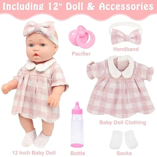 12″ Baby Doll Classic Checkered Dress & 6-Piece Accessories Gift Box Packaged – Soft Realistic Lifelike Baby Dolls for Toddlers & Little Girls thumbnail 6